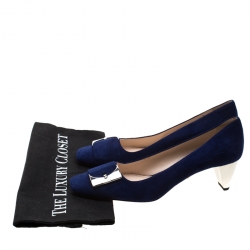 Pre Owned Prada Navy Blue Suede Buckle Detail Square Toe Pumps Size 38.5