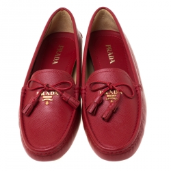 Pre Owned Prada Red Saffiano Leather Bow Detail Loafers Size 38.5