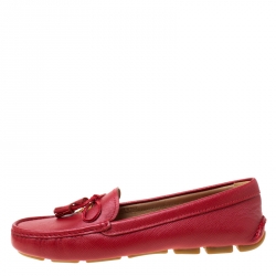 Pre Owned Prada Red Saffiano Leather Bow Detail Loafers Size 38.5