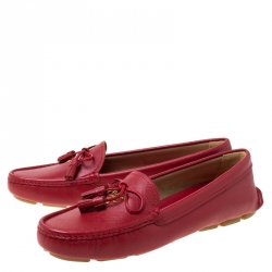 Pre Owned Prada Red Saffiano Leather Bow Detail Loafers Size 38.5