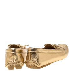 Pre Owned Prada Metallic Gold Leather Bow Detail Loafers Size 38