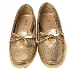 Pre Owned Prada Metallic Gold Leather Bow Detail Loafers Size 38