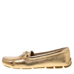 Pre Owned Prada Metallic Gold Leather Bow Detail Loafers Size 38