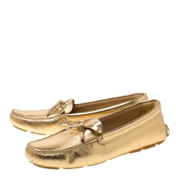 Pre Owned Prada Metallic Gold Leather Bow Detail Loafers Size 38