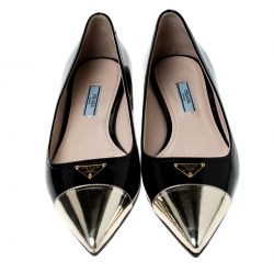 Pre Owned Prada Black Patent Leather And Metallic Gold Cap Toe Ballet Flats Size 38