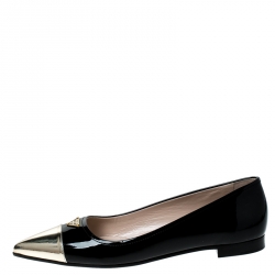 Pre Owned Prada Black Patent Leather And Metallic Gold Cap Toe Ballet Flats Size 38