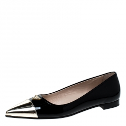 Pre Owned Prada Black Patent Leather And Metallic Gold Cap Toe Ballet Flats Size 38