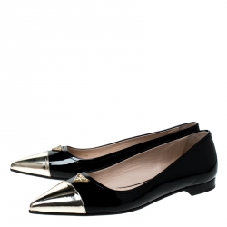 Pre Owned Prada Black Patent Leather And Metallic Gold Cap Toe Ballet Flats Size 38