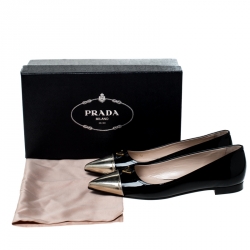 Pre Owned Prada Black Patent Leather And Metallic Gold Cap Toe Ballet Flats Size 38