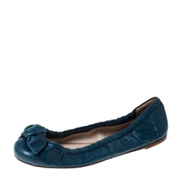 Pre Owned Prada Blue Leather Bow Detail Scrunch Ballet Flats Size 38