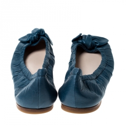 Pre Owned Prada Blue Leather Bow Detail Scrunch Ballet Flats Size 38