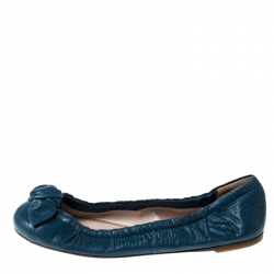 Pre Owned Prada Blue Leather Bow Detail Scrunch Ballet Flats Size 38