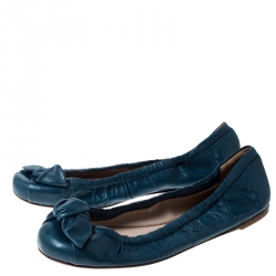 Pre Owned Prada Blue Leather Bow Detail Scrunch Ballet Flats Size 38