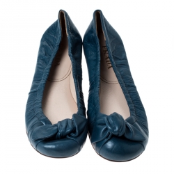 Pre Owned Prada Blue Leather Bow Detail Scrunch Ballet Flats Size 38