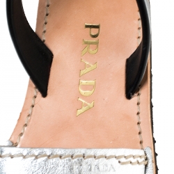 Pre Owned Prada Metallic Silver And Black Leather Slingback Flat Sandals Size 36