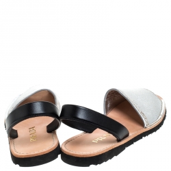 Pre Owned Prada Metallic Silver And Black Leather Slingback Flat Sandals Size 36