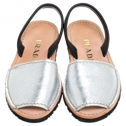 Pre Owned Prada Metallic Silver And Black Leather Slingback Flat Sandals Size 36