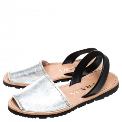 Pre Owned Prada Metallic Silver And Black Leather Slingback Flat Sandals Size 36