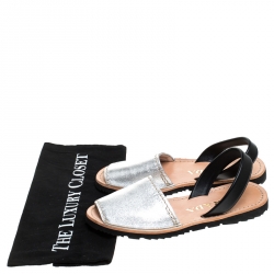 Pre Owned Prada Metallic Silver And Black Leather Slingback Flat Sandals Size 36