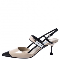 Pre Owned Prada Beige/Black Leather Slingback 65 Kitten Heel Pumps Size 37