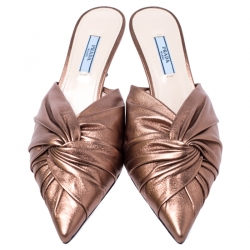 Pre Owned Prada Metallic Bronze Leather Kitten Heel Twist Mule Sandals 38.5