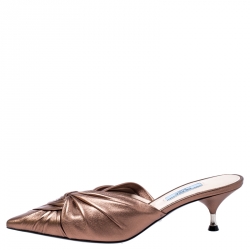 Pre Owned Prada Metallic Bronze Leather Kitten Heel Twist Mule Sandals 38.5
