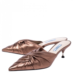 Prada Metallic Bronze Leather Kitten Heel Twist Mule Sandals 39