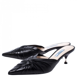 Pre Owned Prada Black Leather Kitten Heel Twist Mule Sandals 37.5