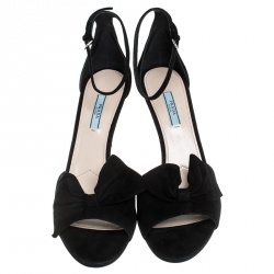 Prada Black Suede Bow Open Toe Ankle Strap Sandals Size 41
