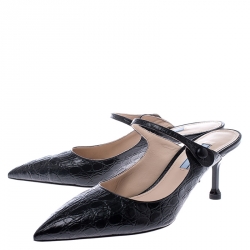Prada Black Croc Embossed Leather Pointed Toe Mules Size 39