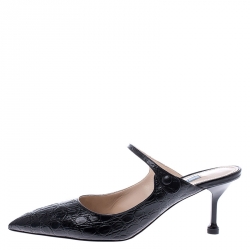 Prada Black Croc Embossed Leather Pointed Toe Mules Size 39