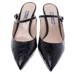 Prada Black Croc Embossed Leather Pointed Toe Mules Size 39