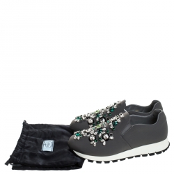 Pre Owned Prada Grey Canvas Crystal Embellished Slip On Sneakers Size 36.5