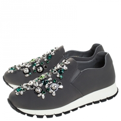 Pre Owned Prada Grey Canvas Crystal Embellished Slip On Sneakers Size 36.5