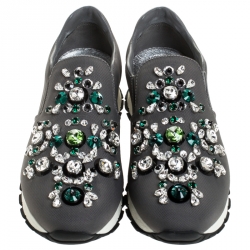 Pre Owned Prada Grey Canvas Crystal Embellished Slip On Sneakers Size 36.5