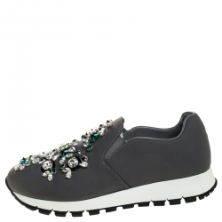 Pre Owned Prada Grey Canvas Crystal Embellished Slip On Sneakers Size 36.5