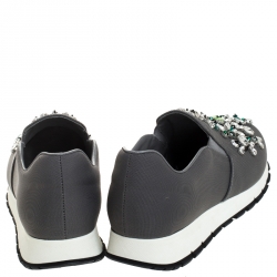Pre Owned Prada Grey Canvas Crystal Embellished Slip On Sneakers Size 36.5