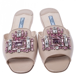 Pre Owned Prada Beige Saffiano Leather Crystal Embellished Flat Slides Size 38