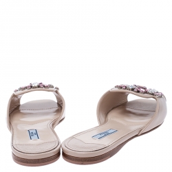 Pre Owned Prada Beige Saffiano Leather Crystal Embellished Flat Slides Size 38