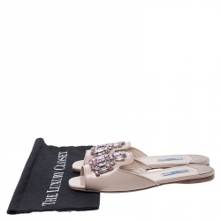 Pre Owned Prada Beige Saffiano Leather Crystal Embellished Flat Slides Size 38