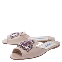 Pre Owned Prada Beige Saffiano Leather Crystal Embellished Flat Slides Size 38
