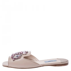 Pre Owned Prada Beige Saffiano Leather Crystal Embellished Flat Slides Size 38