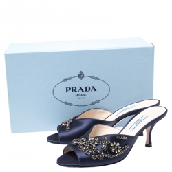 Pre Owned Prada Blue Satin Crystal Embellished Peep Toe Mules Size 38
