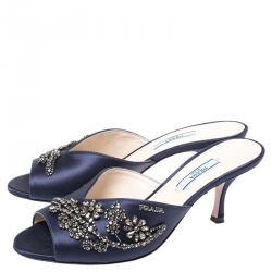 Pre Owned Prada Blue Satin Crystal Embellished Peep Toe Mules Size 38