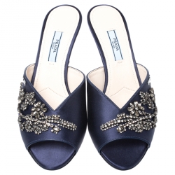Pre Owned Prada Blue Satin Crystal Embellished Peep Toe Mules Size 38