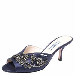 Pre Owned Prada Blue Satin Crystal Embellished Peep Toe Mules Size 38