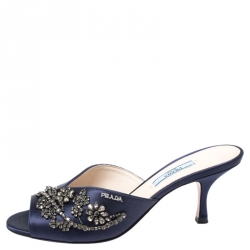 Pre Owned Prada Blue Satin Crystal Embellished Peep Toe Mules Size 38