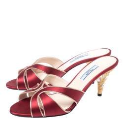 Pre Owned Prada Metallic Red Satin And Gold Trim Slip On Open Toe Sandals Size 38