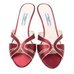 Pre Owned Prada Metallic Red Satin And Gold Trim Slip On Open Toe Sandals Size 38