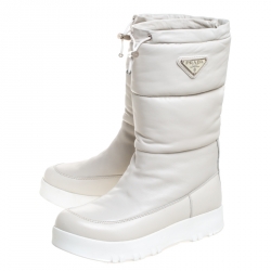 Pre Owned Prada Sport White Leather Platform Wedge Mid Calf Winter Boots Size 39